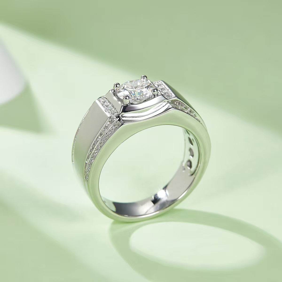 1.0Ct 6.5MM Round Mossanite Men Ring |18K White Gold-Plated S925 Silver, Custom Available