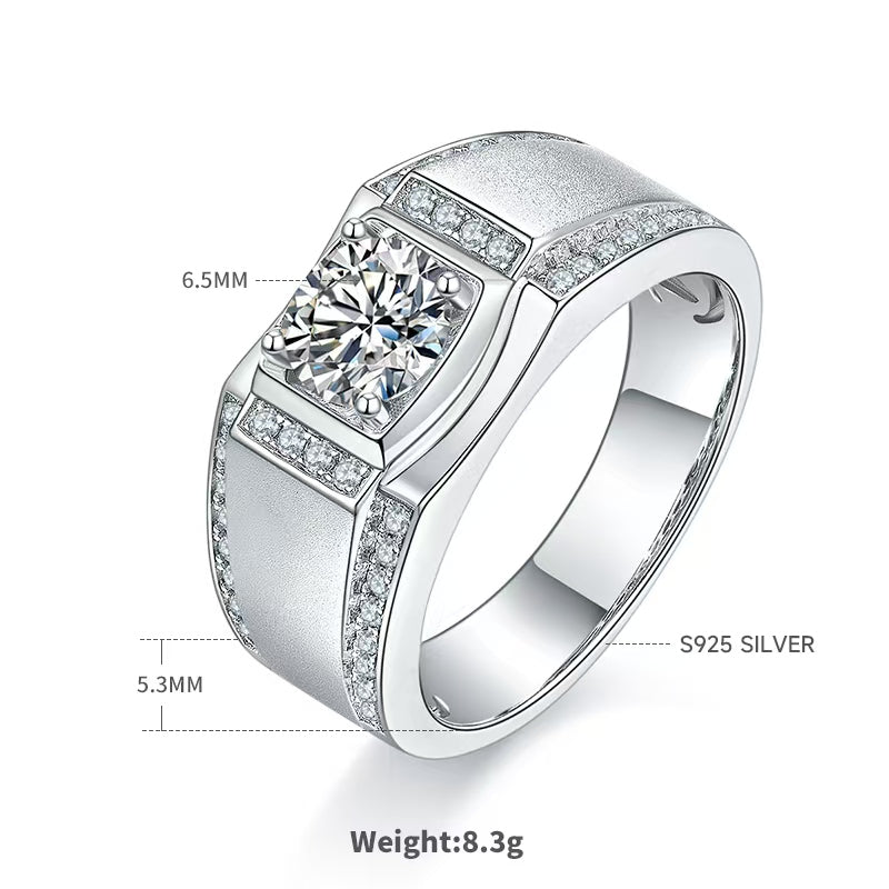 1.0Ct 6.5MM Round Mossanite Men Ring |18K White Gold-Plated S925 Silver, Custom Available
