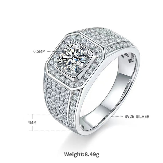 1.0Ct 6.5MM Round Mossanite Men Ring | White Gold-Plated S925 Silver, Custom Available