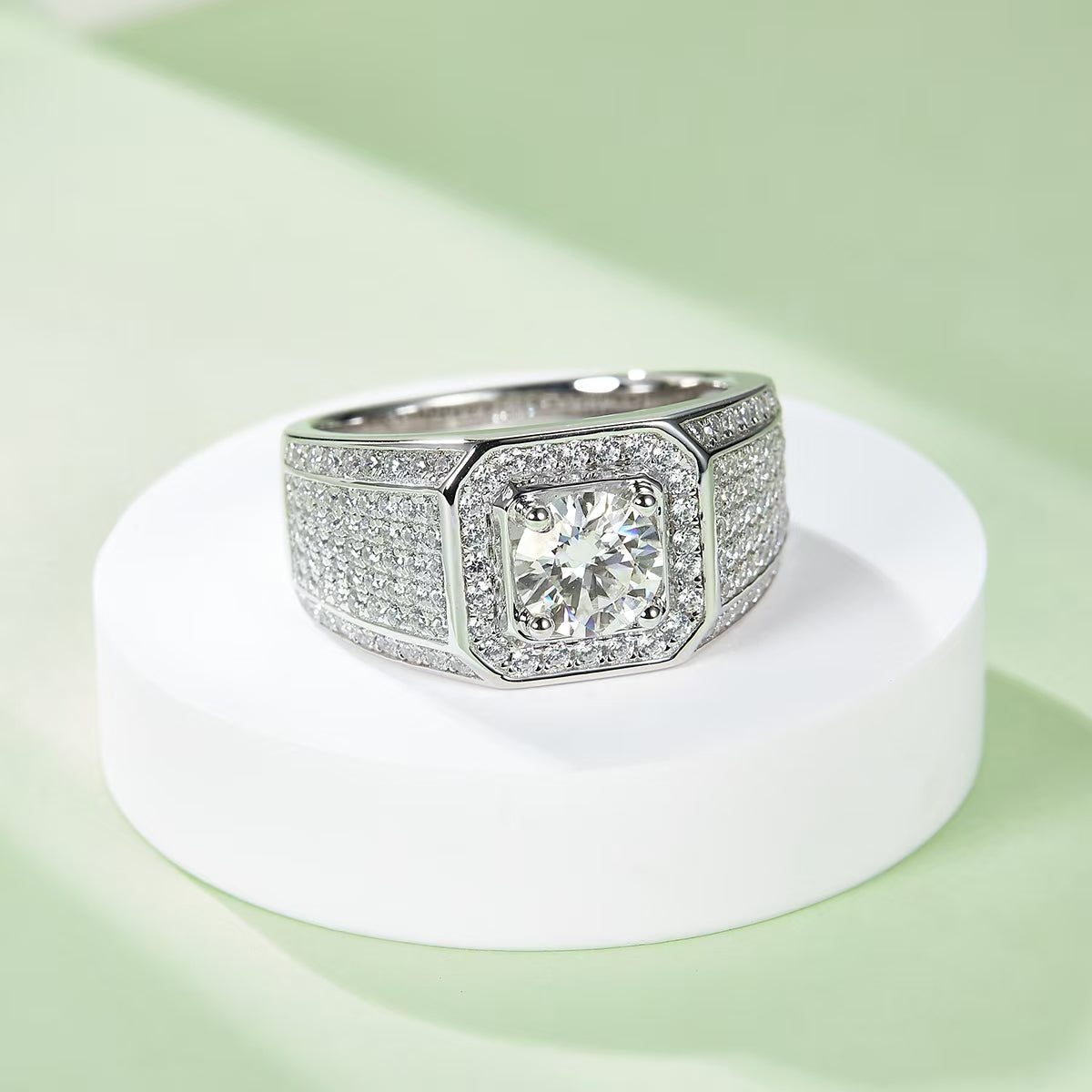 1.0Ct 6.5MM Round Mossanite Men Ring | White Gold-Plated S925 Silver, Custom Available