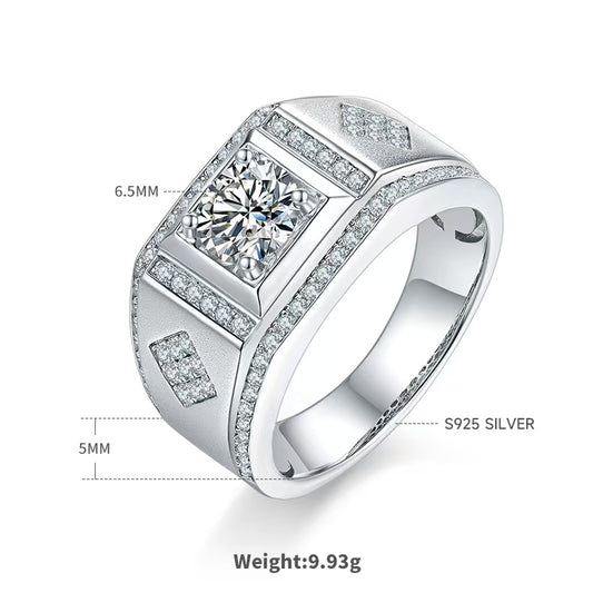 1.0Ct 6.5MM Round Mossanite Men Ring |18K White Gold-Plated S925 Silver, Custom Available