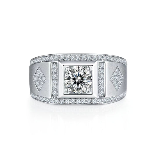 1.0Ct 6.5MM Round Mossanite Men Ring |18K White Gold-Plated S925 Silver, Custom Available