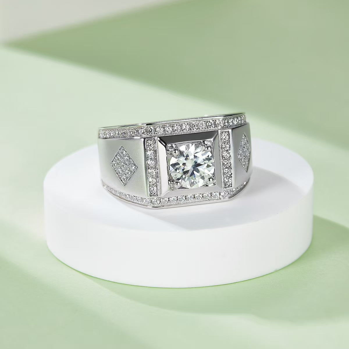 1.0Ct 6.5MM Round Mossanite Men Ring |18K White Gold-Plated S925 Silver, Custom Available