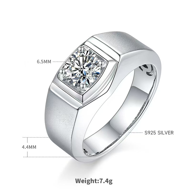 1.0Ct 6.5MM Round Mossanite Men Ring |18K White Gold-Plated S925 Silver, Custom Available