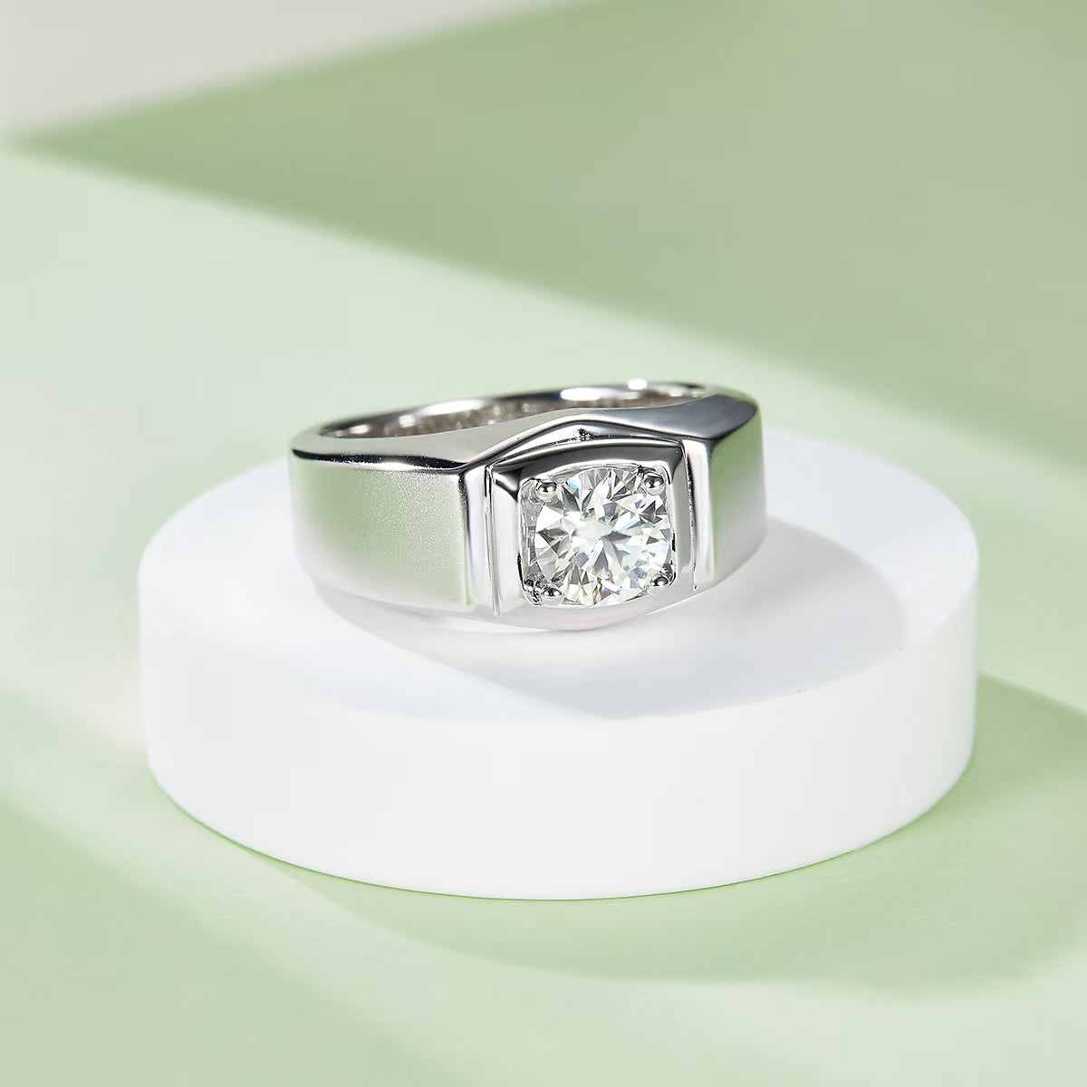 1.0Ct 6.5MM Round Mossanite Men Ring |18K White Gold-Plated S925 Silver, Custom Available