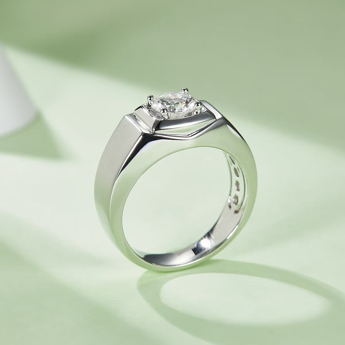 1.0Ct 6.5MM Round Mossanite Men Ring |18K White Gold-Plated S925 Silver, Custom Available