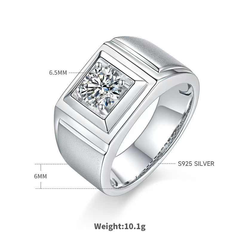 1.0Ct 6.5MM Round Mossanite Men Ring |18K White Gold-Plated S925 Silver, Custom Available