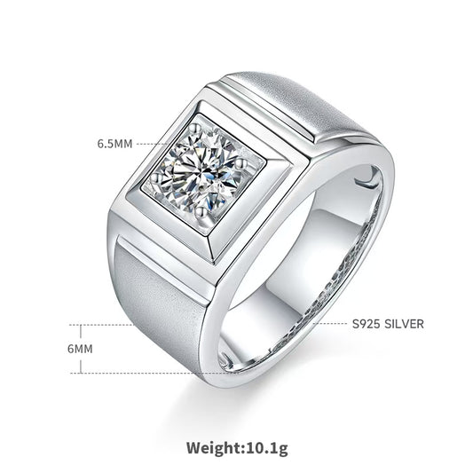 1.0Ct 6.5MM Round Mossanite Men Ring |18K White Gold-Plated S925 Silver, Custom Available