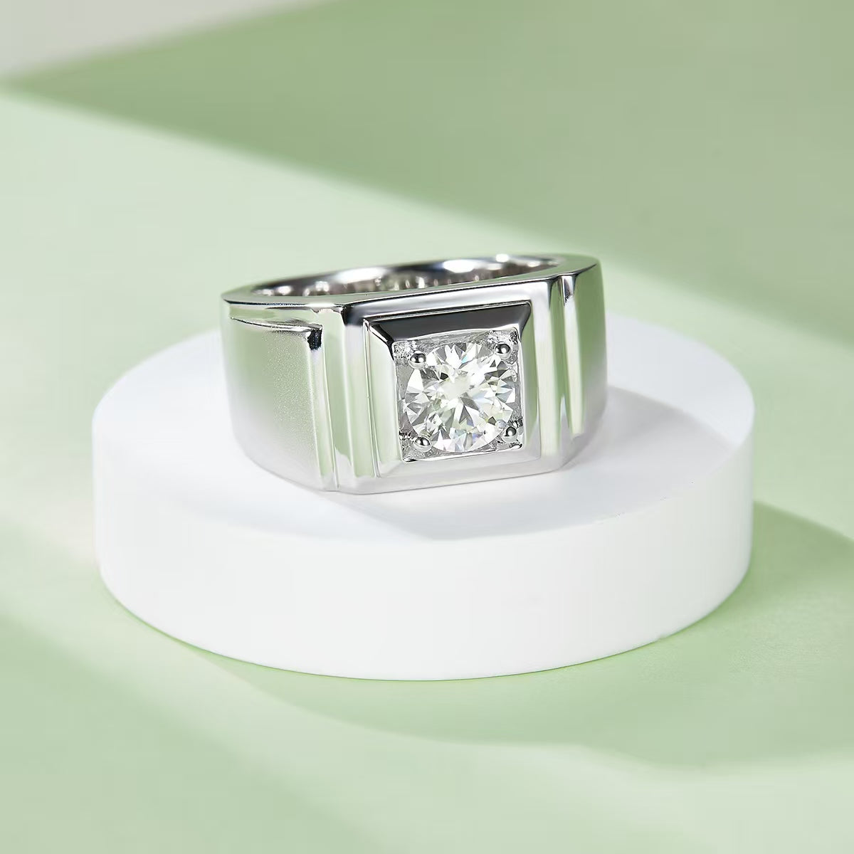 1.0Ct 6.5MM Round Mossanite Men Ring |18K White Gold-Plated S925 Silver, Custom Available