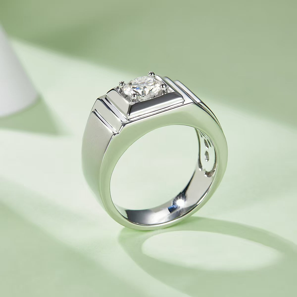 1.0Ct 6.5MM Round Mossanite Men Ring |18K White Gold-Plated S925 Silver, Custom Available