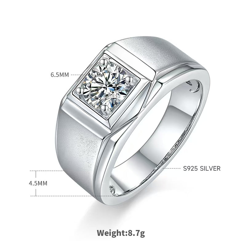 1.0Ct 6.5MM Round Mossanite Men Ring |18K White Gold-Plated S925 Silver, Custom Available