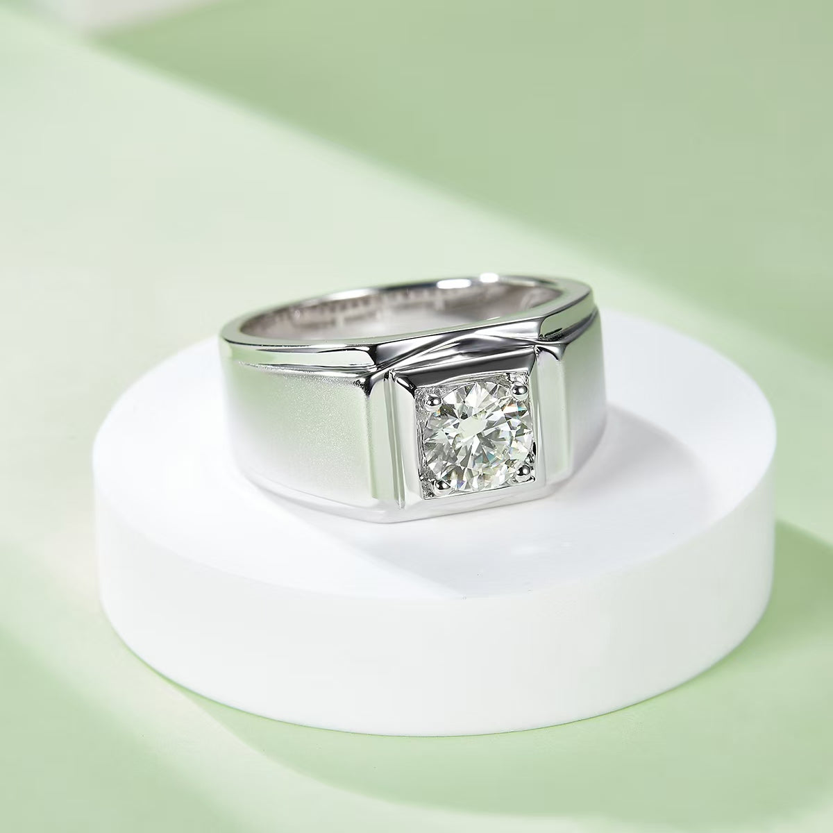 1.0Ct 6.5MM Round Mossanite Men Ring |18K White Gold-Plated S925 Silver, Custom Available