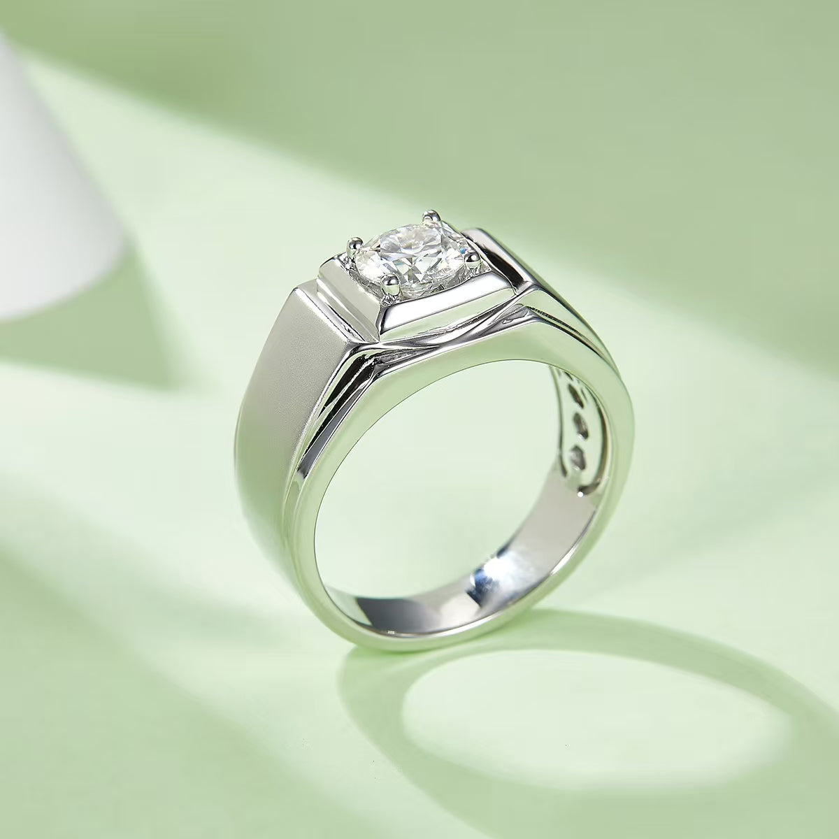 1.0Ct 6.5MM Round Mossanite Men Ring |18K White Gold-Plated S925 Silver, Custom Available