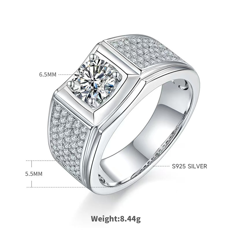1.0Ct 6.5MM Round Mossanite Men Ring |18K White Gold-Plated S925 Silver, Custom Available