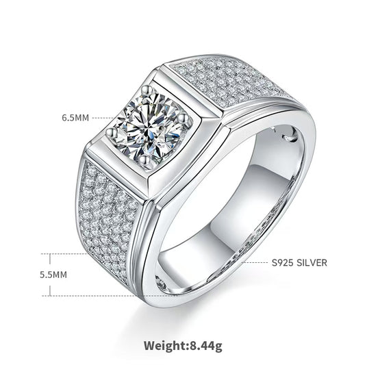 1.0Ct 6.5MM Round Mossanite Men Ring |18K White Gold-Plated S925 Silver, Custom Available