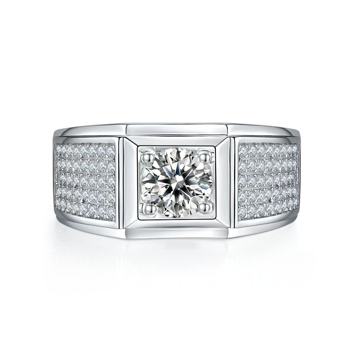 1.0Ct 6.5MM Round Mossanite Men Ring |18K White Gold-Plated S925 Silver, Custom Available
