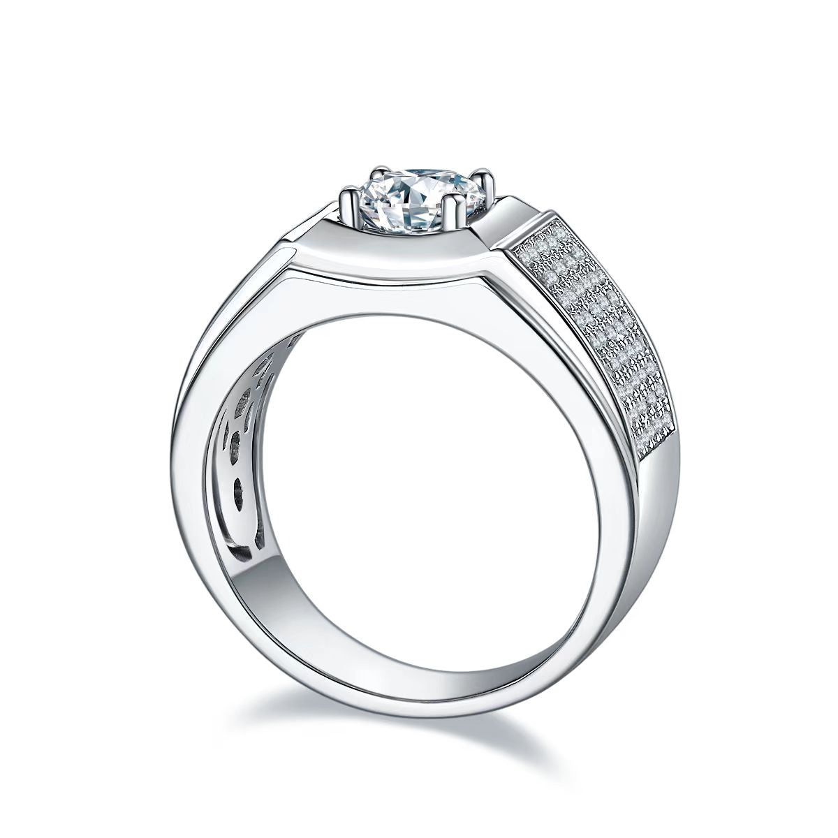 1.0Ct 6.5MM Round Mossanite Men Ring |18K White Gold-Plated S925 Silver, Custom Available