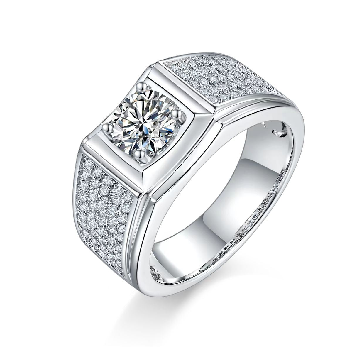 1.0Ct 6.5MM Round Mossanite Men Ring |18K White Gold-Plated S925 Silver, Custom Available