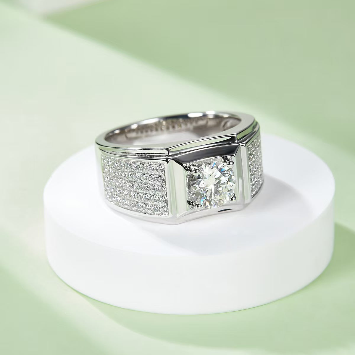 1.0Ct 6.5MM Round Mossanite Men Ring |18K White Gold-Plated S925 Silver, Custom Available