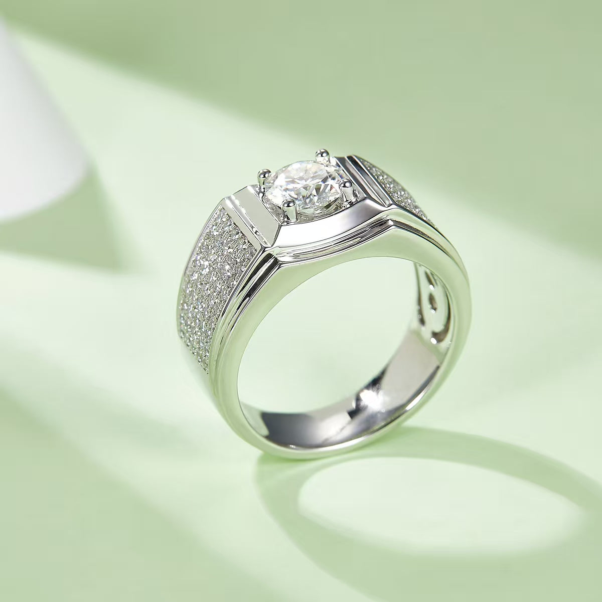 1.0Ct 6.5MM Round Mossanite Men Ring |18K White Gold-Plated S925 Silver, Custom Available