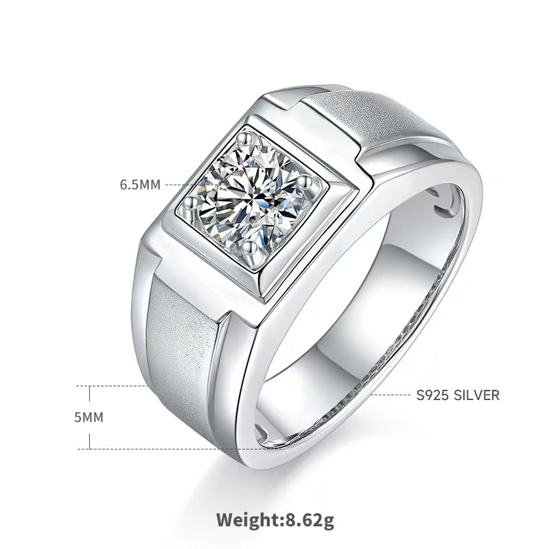 1.0Ct 6.5MM Round Mossanite Men Ring |18K White Gold-Plated S925 Silver, Custom Available