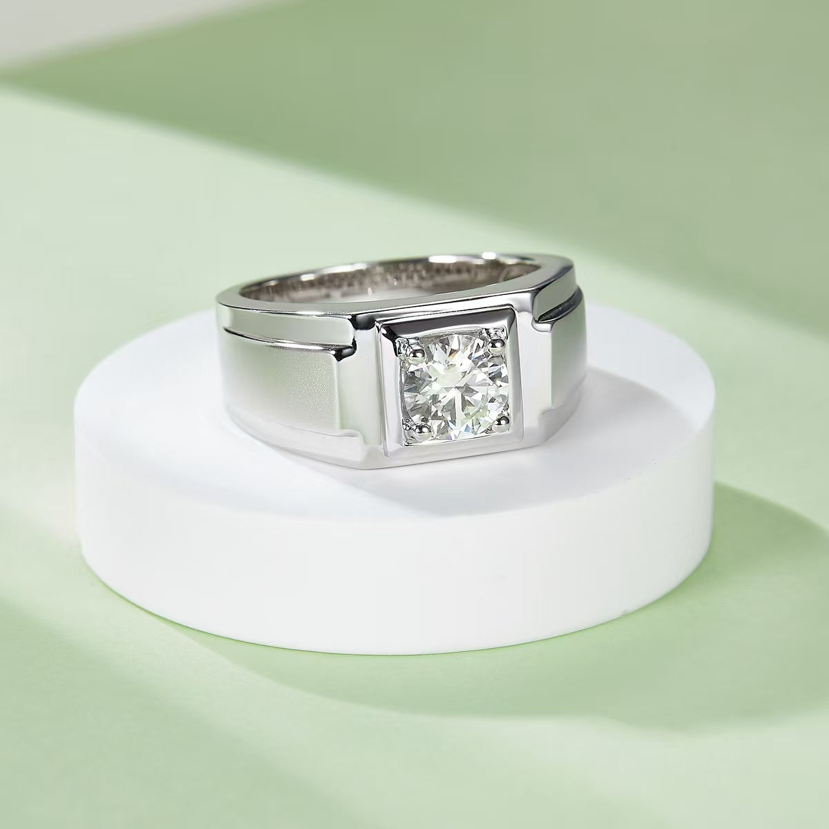 1.0Ct 6.5MM Round Mossanite Men Ring |18K White Gold-Plated S925 Silver, Custom Available