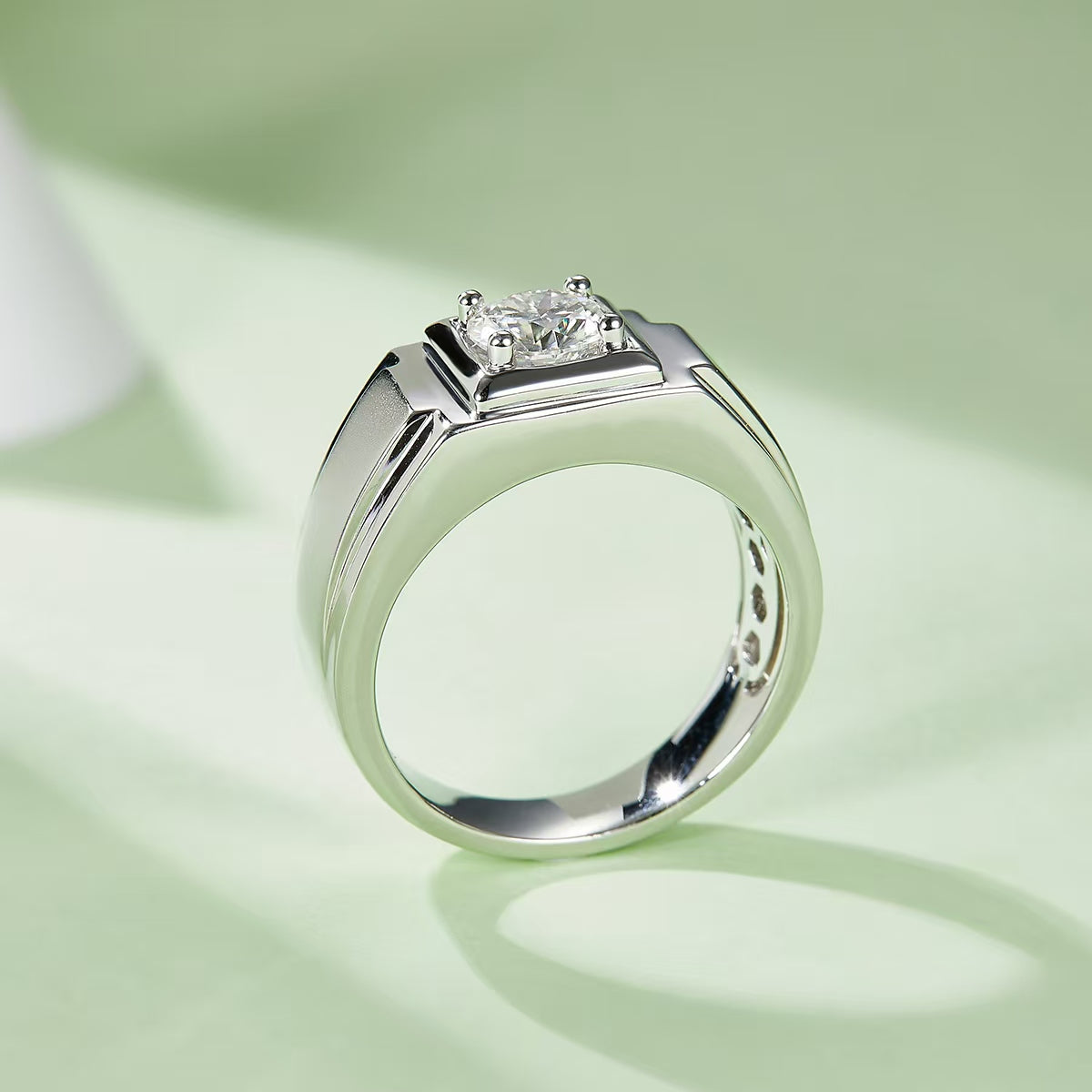 1.0Ct 6.5MM Round Mossanite Men Ring |18K White Gold-Plated S925 Silver, Custom Available