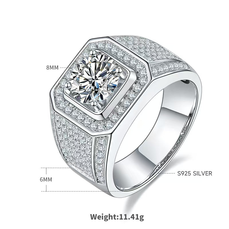 2.0Ct 8MM Round Mossanite Men Ring |18K White Gold-Plated S925 Silver, Custom Available