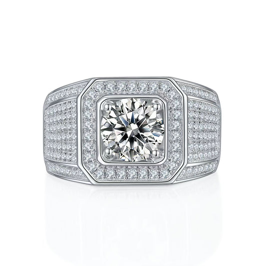 2.0Ct 8MM Round Mossanite Men Ring |18K White Gold-Plated S925 Silver, Custom Available