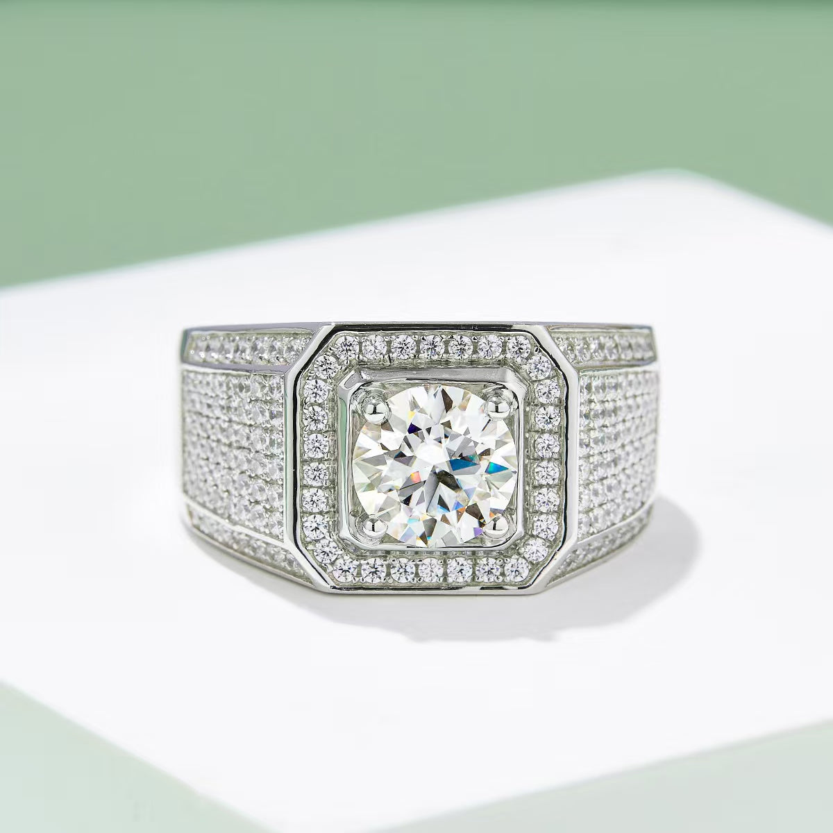 2.0Ct 8MM Round Mossanite Men Ring |18K White Gold-Plated S925 Silver, Custom Available