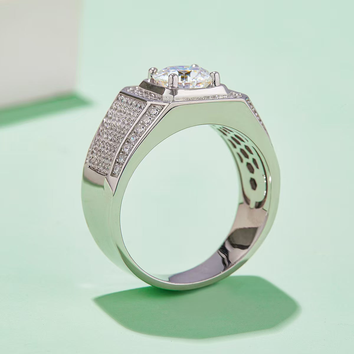 2.0Ct 8MM Round Mossanite Men Ring |18K White Gold-Plated S925 Silver, Custom Available