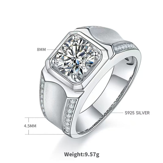 2.0Ct 8MM Round Mossanite Men Ring |18K White Gold-Plated S925 Silver, Custom Available