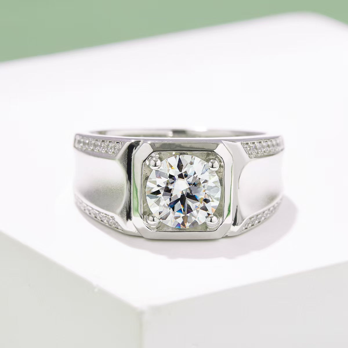 2.0Ct 8MM Round Mossanite Men Ring |18K White Gold-Plated S925 Silver, Custom Available