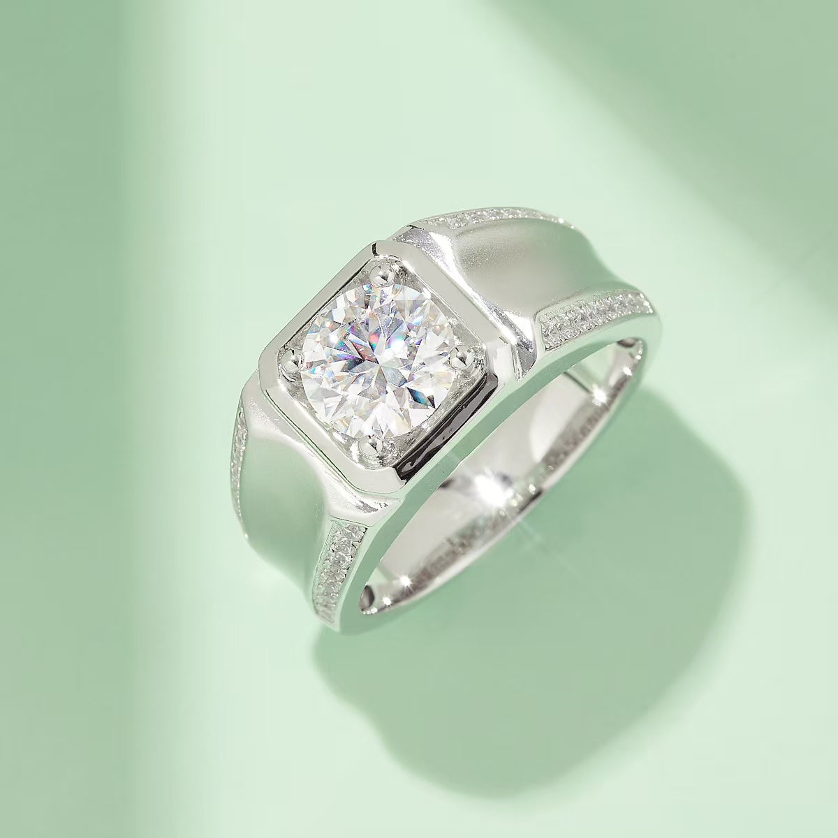 2.0Ct 8MM Round Mossanite Men Ring |18K White Gold-Plated S925 Silver, Custom Available