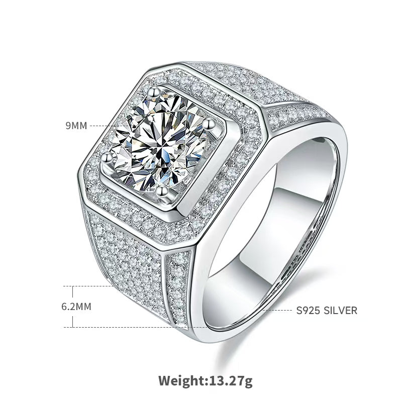 3.0Ct 9MM Round Mossanite Men Ring |18K White Gold-Plated S925 Silver, Custom Available