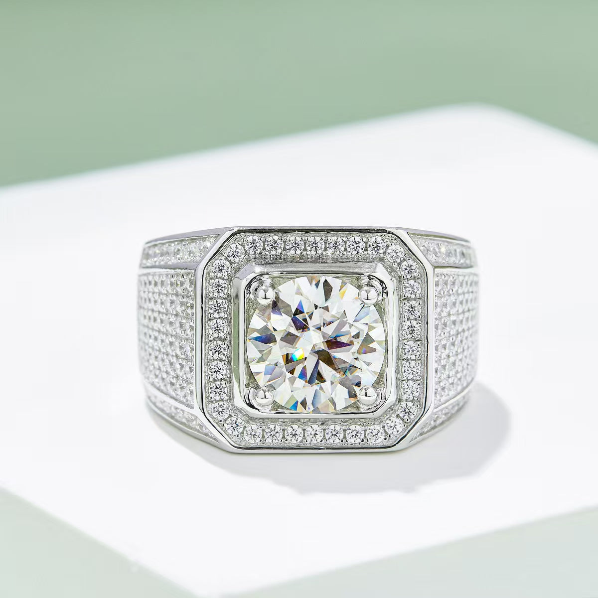 3.0Ct 9MM Round Mossanite Men Ring |18K White Gold-Plated S925 Silver, Custom Available