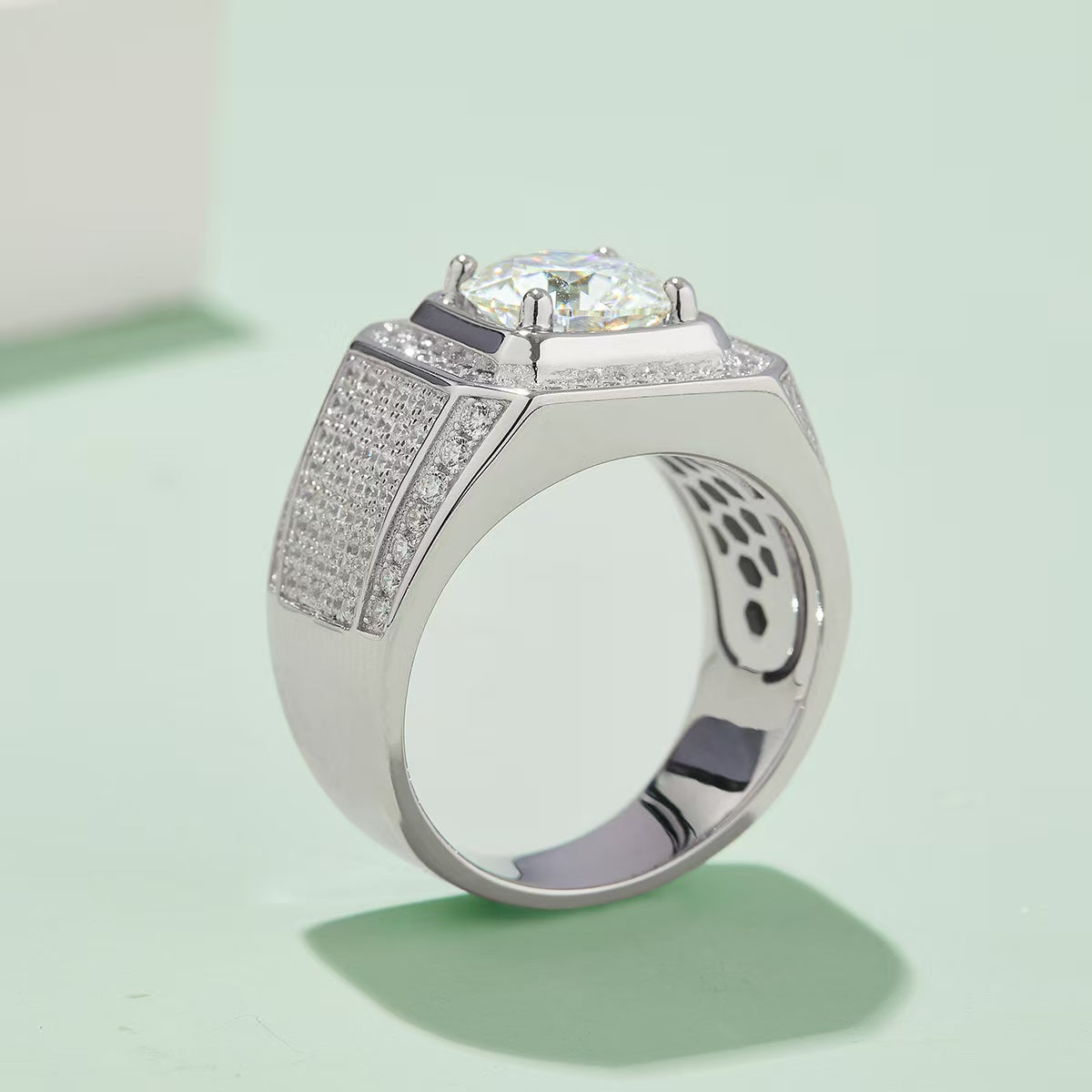 3.0Ct 9MM Round Mossanite Men Ring |18K White Gold-Plated S925 Silver, Custom Available