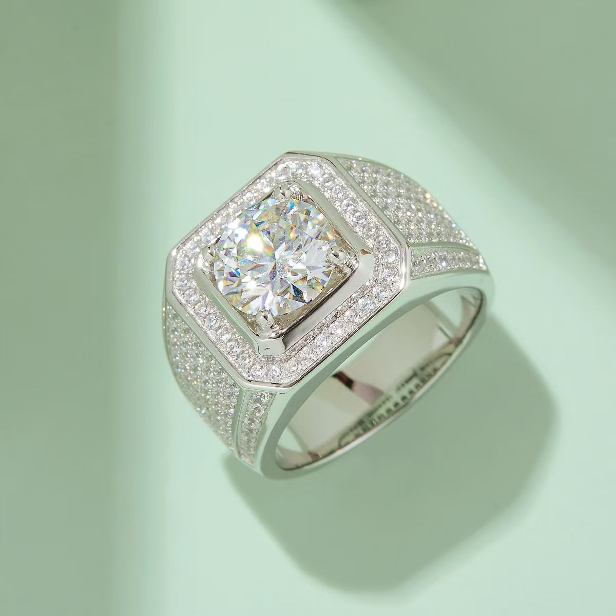 3.0Ct 9MM Round Mossanite Men Ring |18K White Gold-Plated S925 Silver, Custom Available