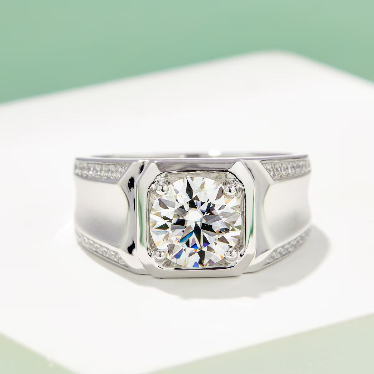3.0Ct 9MM Round Mossanite Men Ring |18K White Gold-Plated S925 Silver, Custom Available