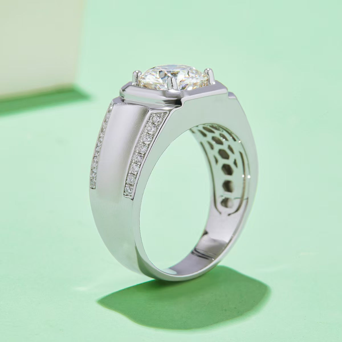 3.0Ct 9MM Round Mossanite Men Ring |18K White Gold-Plated S925 Silver, Custom Available
