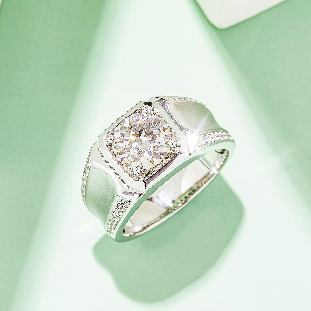 3.0Ct 9MM Round Mossanite Men Ring |18K White Gold-Plated S925 Silver, Custom Available