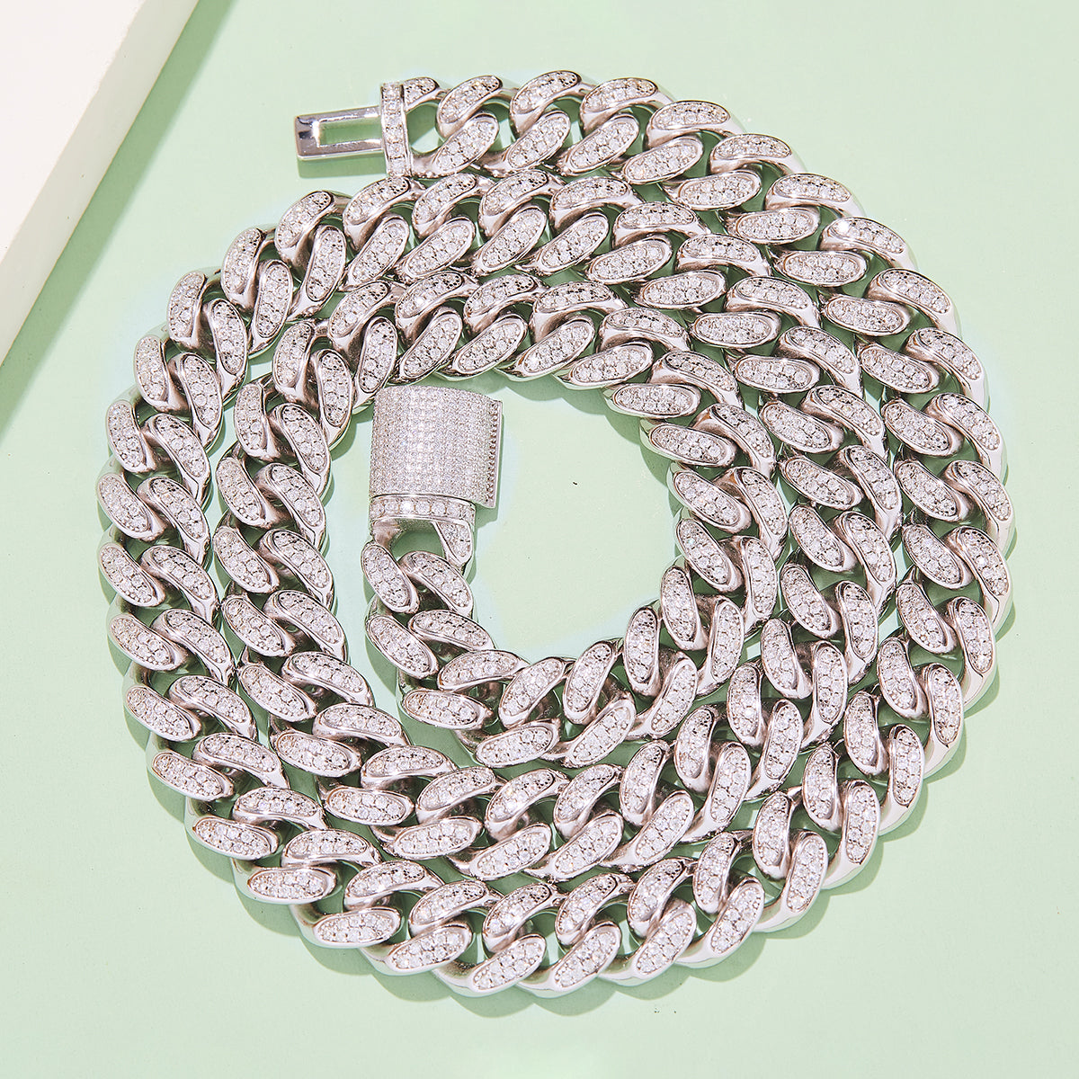 12mm width Mossanite Cuban Chain Bracelet  Necklace|White Gold-Plated S925 Silver, Custom Available