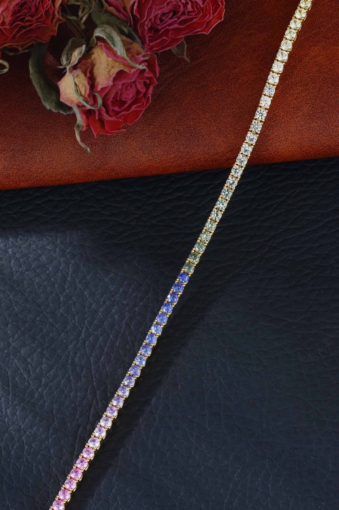2mm Rainbow Corundum Tennis Bracelet | 18K Gold-Plated S925 Silver, Custom Available