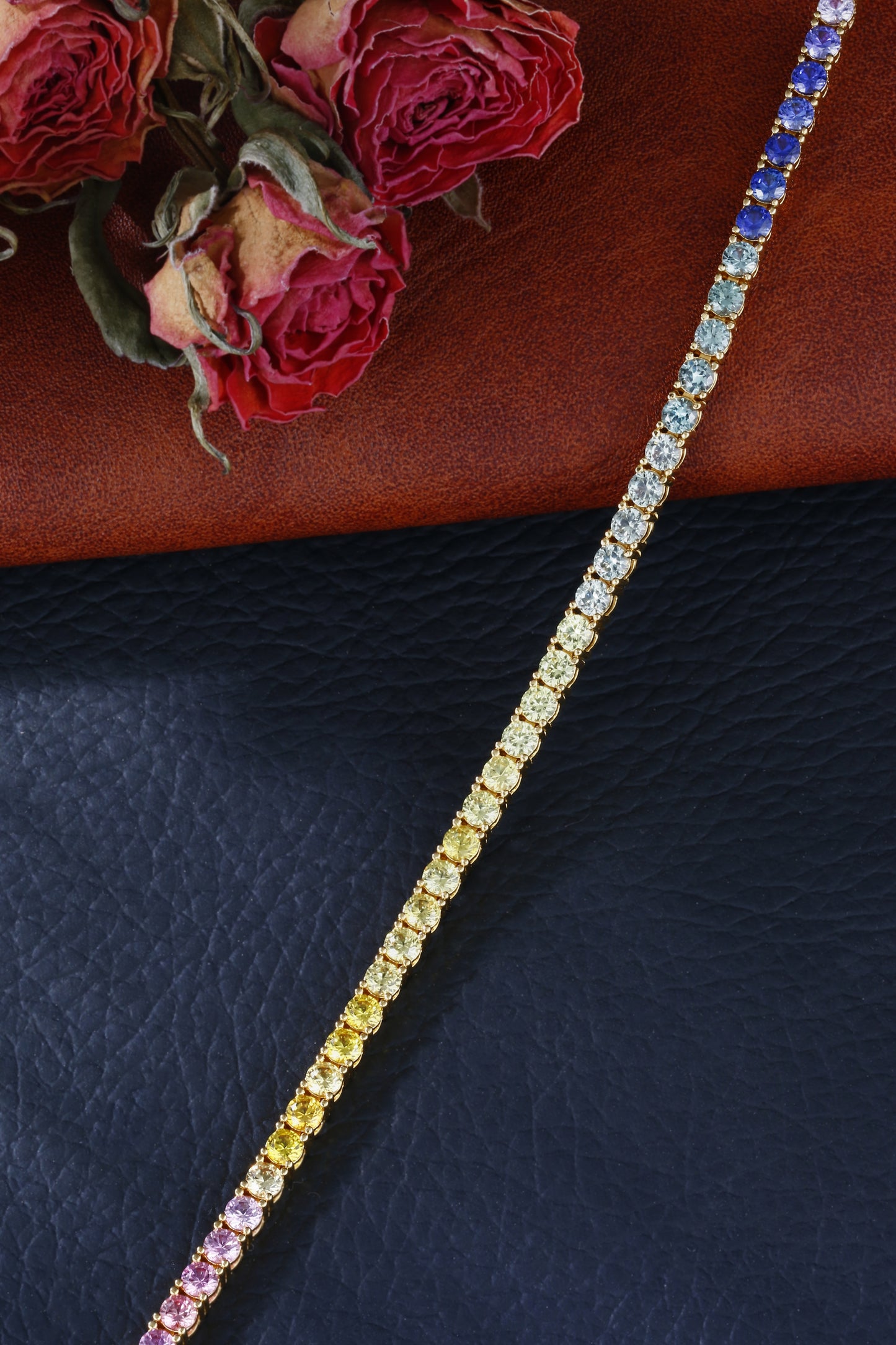 2.5mm Rainbow Corundum Tennis Bracelet | 18K Gold-Plated S925 Silver, Custom Available