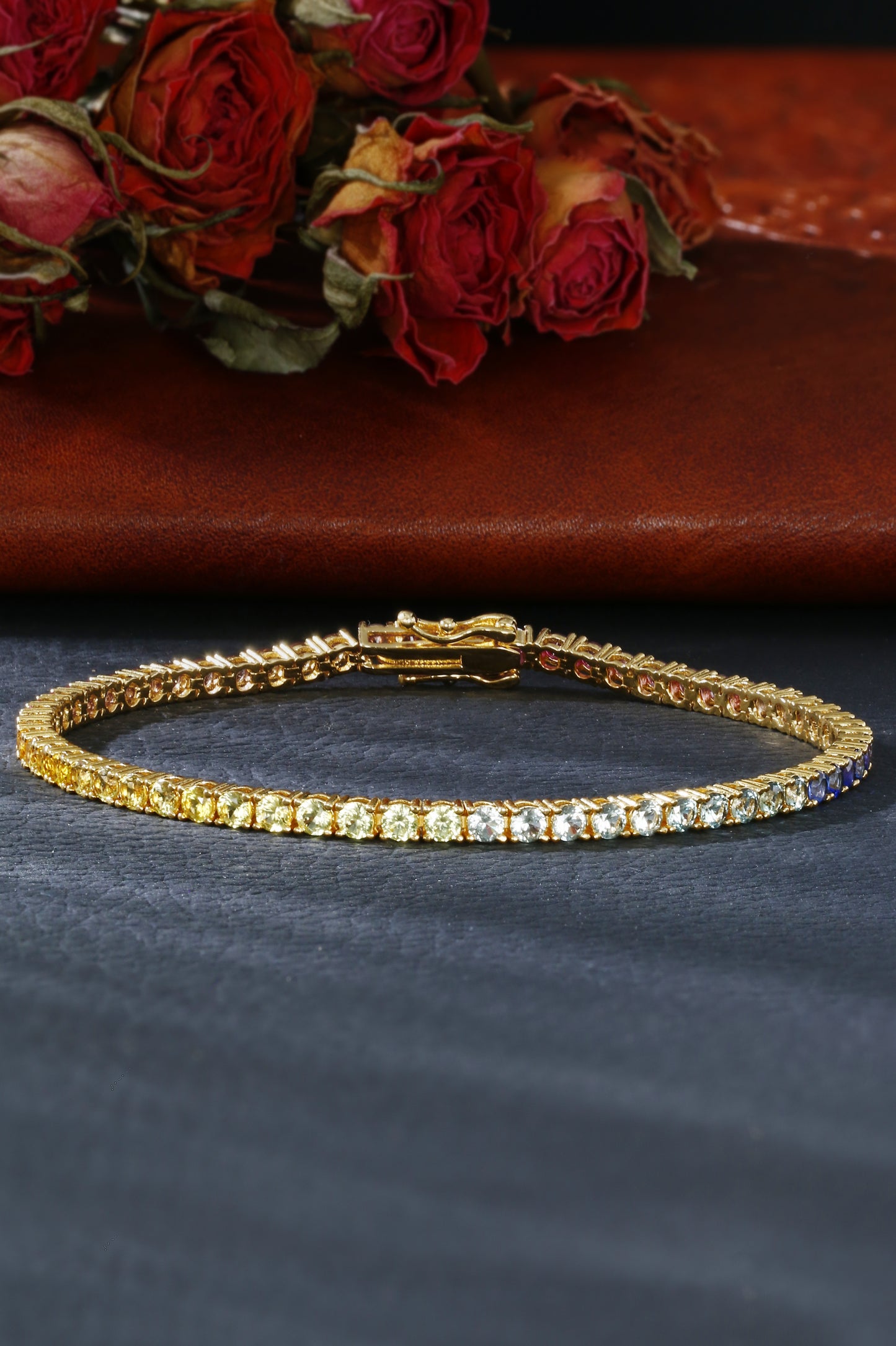 2.5mm Rainbow Corundum Tennis Bracelet | 18K Gold-Plated S925 Silver, Custom Available