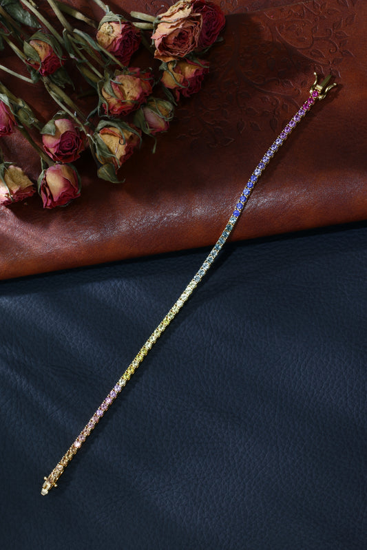 2.5mm Rainbow Corundum Tennis Bracelet | 18K Gold-Plated S925 Silver, Custom Available
