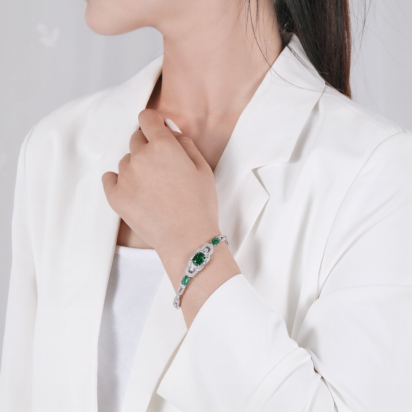3.75 Ct Emerald Cut Lab Emerald Bracelet| Rhodium-Plated S925 Silver, Custom Available