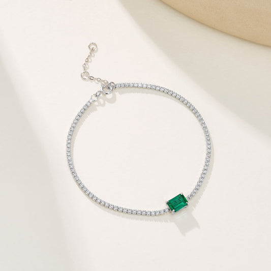 0.77 Ct Rectangular Emerald Cut Lab Emerald Bracelet| Rhodium-Plated S925 Silver, Custom Available