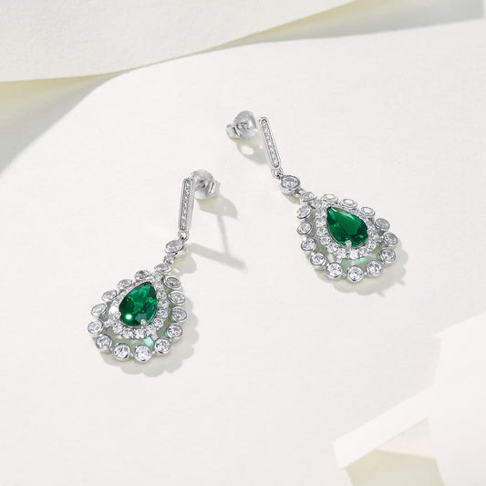 2 Ct Pear Shaped Lab Emerald Earrings| Rhodium-Plated S925 Silver, Custom Available