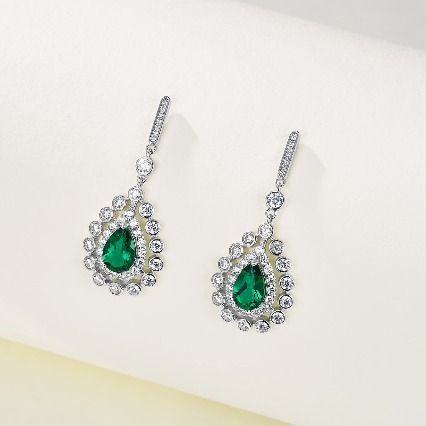 2 Ct Pear Shaped Lab Emerald Earrings| Rhodium-Plated S925 Silver, Custom Available